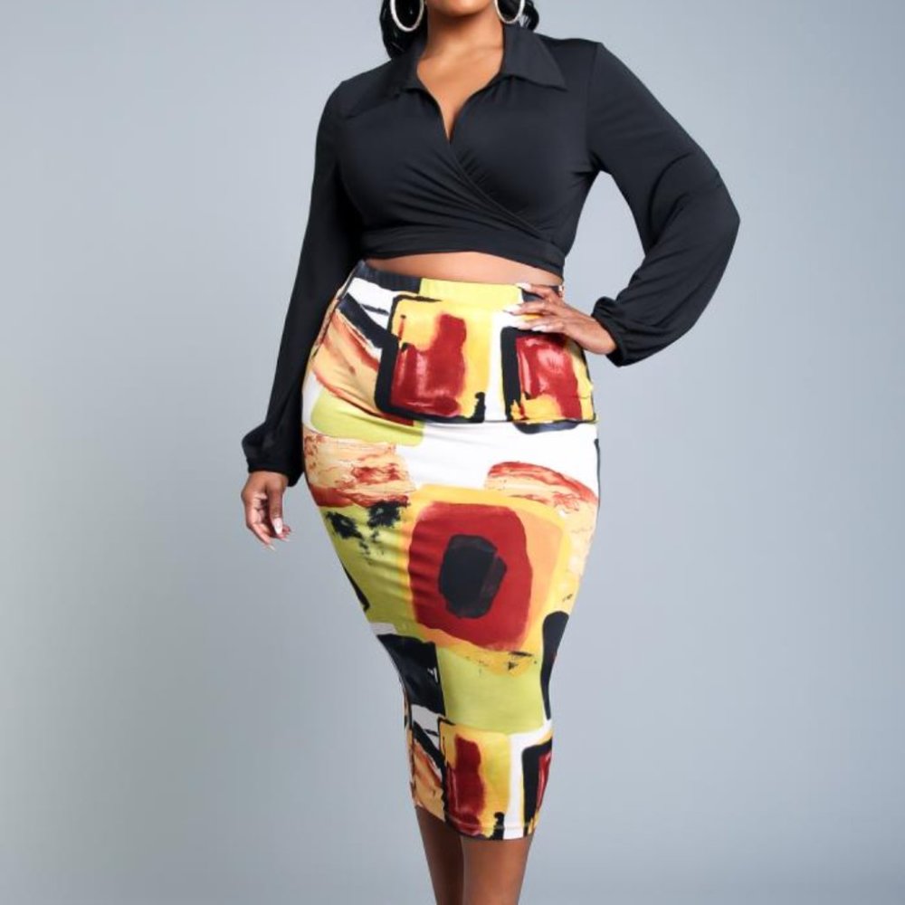 2PC Set - Print Midi Skirt + Solid Wrap Top